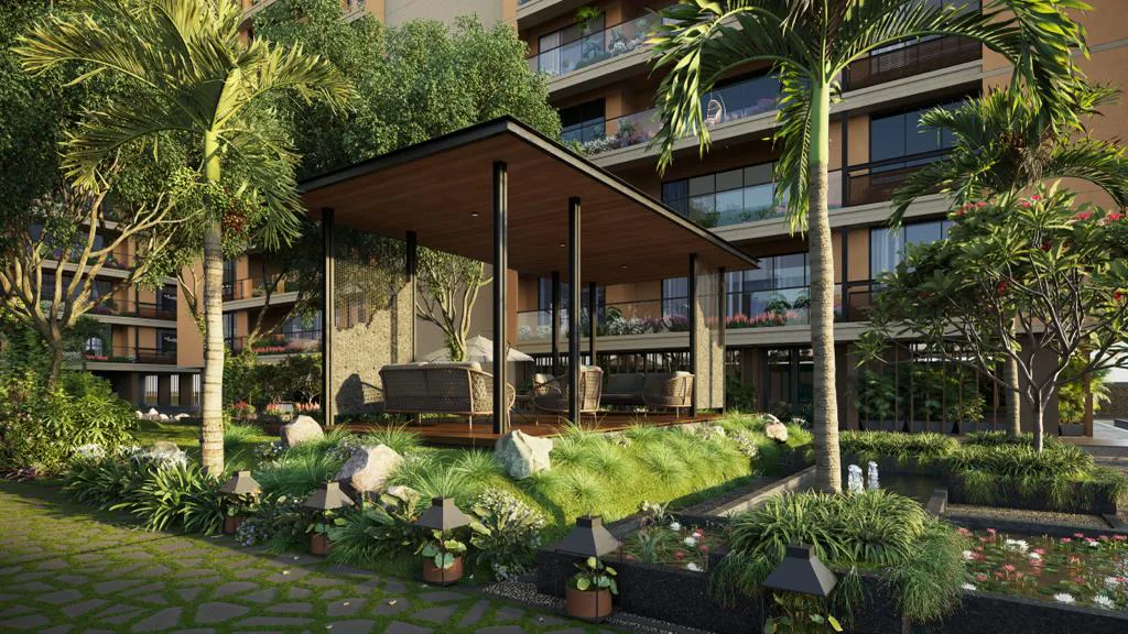 Representational architectural visual of a landscaped residential pavilion