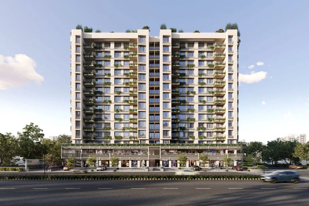 Representational architectural visual of a residential tower with street-facing spaces
